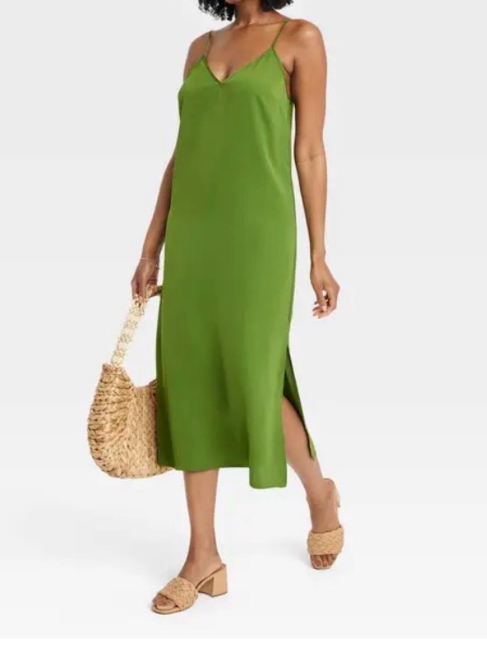 NWT Chartreuse Moss Green Slip Dress Sleeveless Spaghetti Strap Fall Holiday M